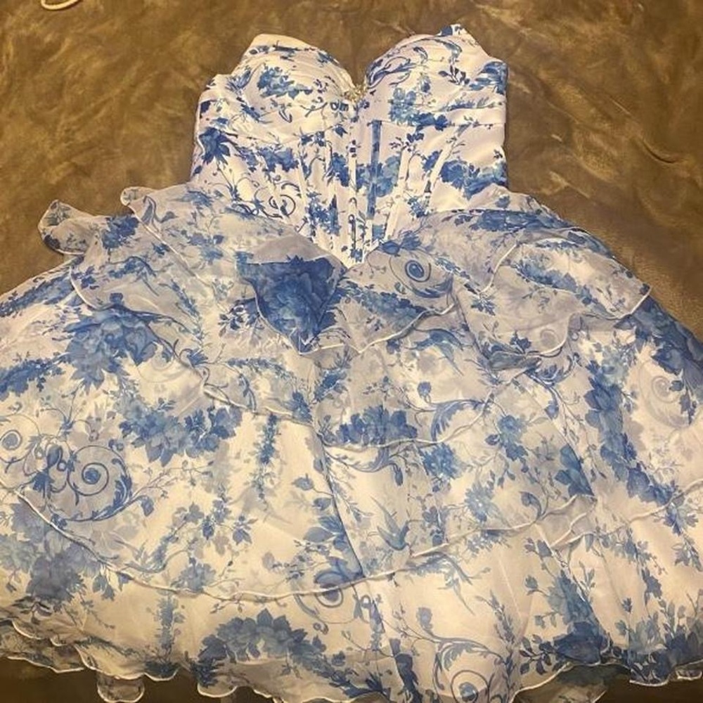 Blue and White Floral Strapless Dress